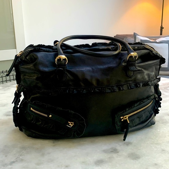 Authentic GUCCI Handbag Black Calfskin Leather Ruffles Sabrina Boston EUC - Picture 4 of 15